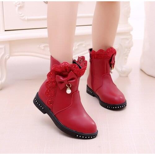 Girls Boots Leather Princess Shoes Fashion Bow Children Shoes 2020 Autumn Winter New Plush Warm Kids Snow Boots Girls Shoes