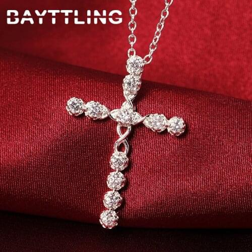 BAYTTLING New 18 Inch 925 Sterling Silver Blue/Silver Zircon Cross Pendant Necklace For Woman Man Charm Engagement Jewelry Gift