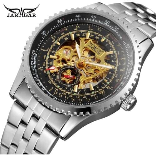 JARAGAR Brand Men Luxury Watch Watches Skeleton Hollow Automatic Mechanical Stainless Steel Wristwatch Gift Box Relogio Releges