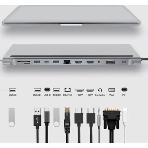 12-In-1 USB Type-C Hub to Dual HDMI-compatible Multi USB 3.0 Power Adapter Docking Station for Laptop Support Pd Transmission