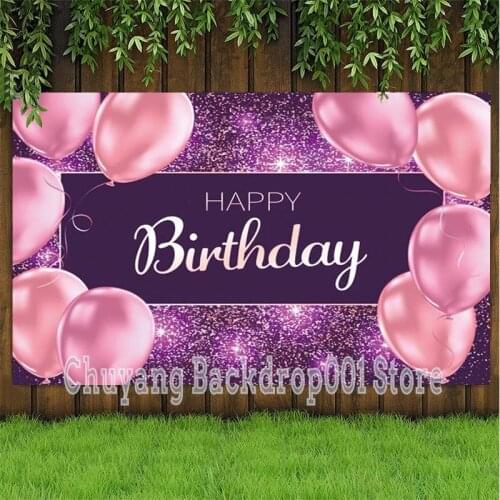 Purple Sequins Happy Birthday Party Photography Backdrop Pink Balloon Photo Studio Background Decor Banner Prop