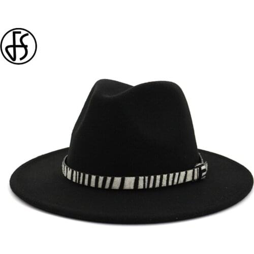 FS Wide Brim Fedora Hat Women Black Wool Jazz Hat Trilby Men Felt Cloche Cap European American Round Caps Bowler Hats With Belt