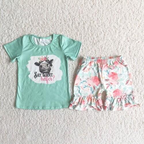New Arrival Girl High Quality Clothes Children Fashion Cow And Flowers Print T-Shirt Match Ruffle Shorts 2Pieces Set