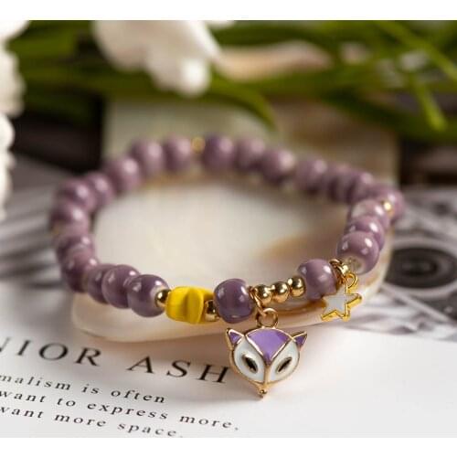 Fox Animal Hand-Wowen Ceramic Bracelets Bangles Metal Drip Glaze Pendant For women Girl Children Wholesale #XN049