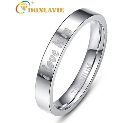 BONLAVIE Silver Color Polished "I Love Him" Stainless Steel Lover Ring Wedding Engagement 100% Titanium Steel Couple Rings Woman