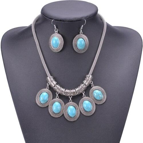 Vintage Women Jewelry Sets Alloy Chain Oval Stone Pendants Tassel Necklace Drop Earrings Accessories for Party Engagement Gift