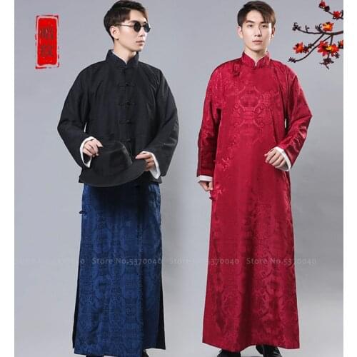 4Colors Men Chinese Traditional Style Tang Suit Long Robes Crosstalk Stage Costume Groomsman Retro Red Print Qipao Dress Gown