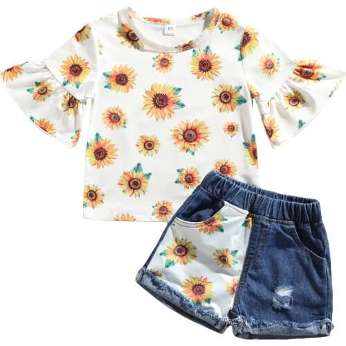 Toddler Girls 2Pcs Summer Outfits, Ruffle Short Sleeve Sunflower Print T-Shirts + Denim Shorts Set 1-6T