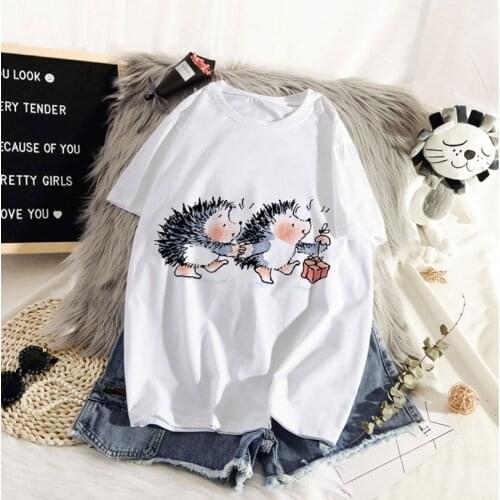 New T-shirt Female Hedgehog with Dandelion Tshirt Summer Tee Shirt Easy short-sleeved female T-shirtMatching Round Neck T-shirts
