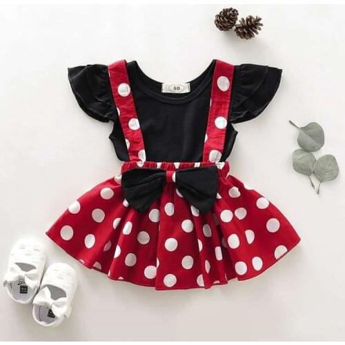 0-3Y Summer Pretty Infant Kids Baby Girls Clothes Sets Black T-Shirts Tops+Dot Print Red Dress