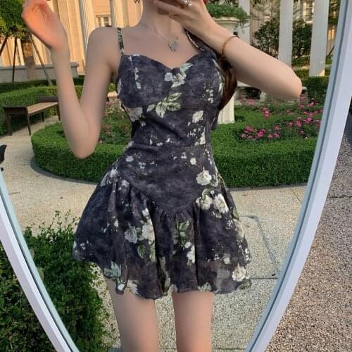 Flowers Print Dress A-Line Summer Chic Womens Black Beach Dress Mini Sexy Vintage Spaghetti Strap Dress 2021 New Sundress