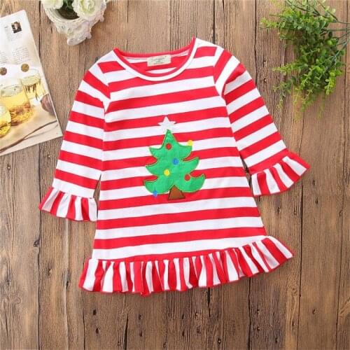 Christmas Infant Kids Baby Girl Stripes Dress Long Sleeve Xmas Clothes Red