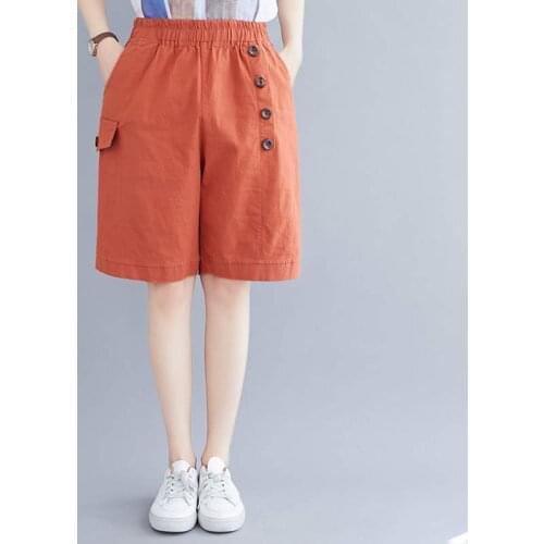 Loose Cotton And Linen Knee Length Midi Shorts Women Large Size Pockets Elastic Waist Wide Leg Casual Summer Shorts Female C7249
