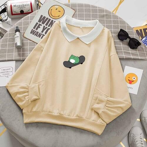 Cute Frog Sweatshirt Oversized Harajuku Hoodie Pullover Sweatshirt with Collar Yellow Long Sleeve Kangaroo Pocket Sweatshirt
