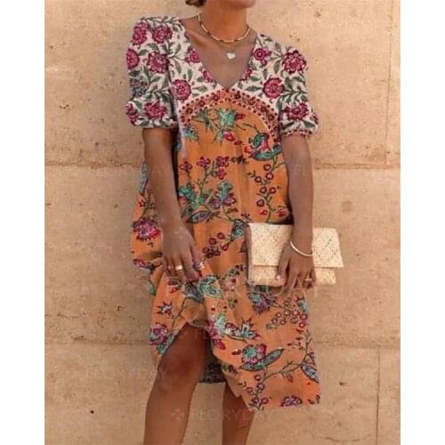 Plus size 3xl summer vintage 3/4 sleeve v neck flower print midi dress,robe grande taille femme,Yellow orange green blue dresses
