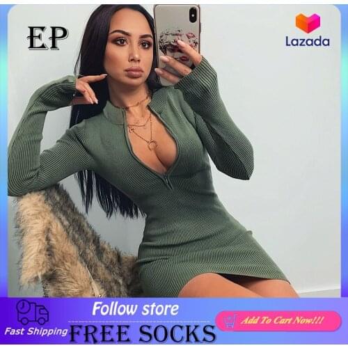 WannaThis Zipper V-Neck Bodycon Dresses Sexy Long Sleeve Black Skinny Elastic Autumn Spring New Solid Fashion Women Party Dress