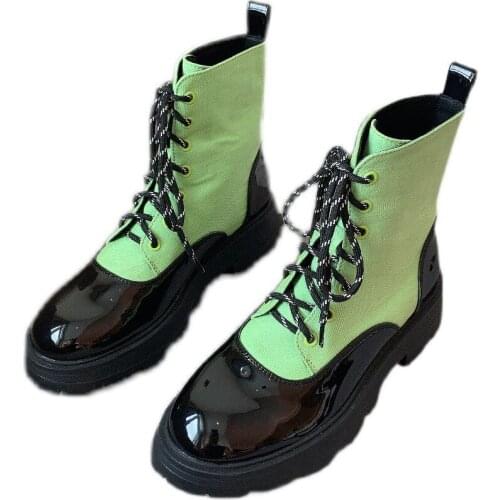 Women Boots Stretch Martin Boots Platform Middle Heels Mixed Color Green And Black Ankle 2021 Autumn Work Daily Shoes