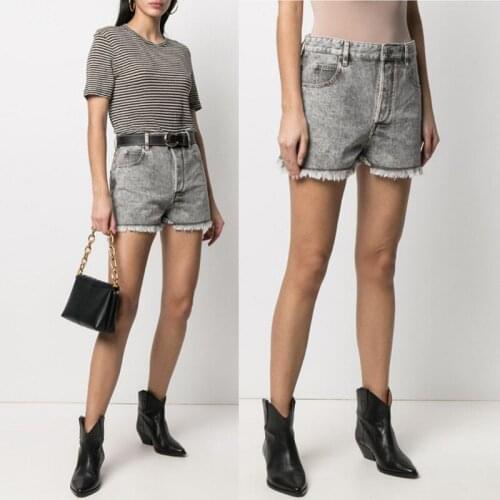 2021 Early Spring Women Gray Denim Shorts High Waist Casual Tassel Trim Short Jeans with Pockets Fashion