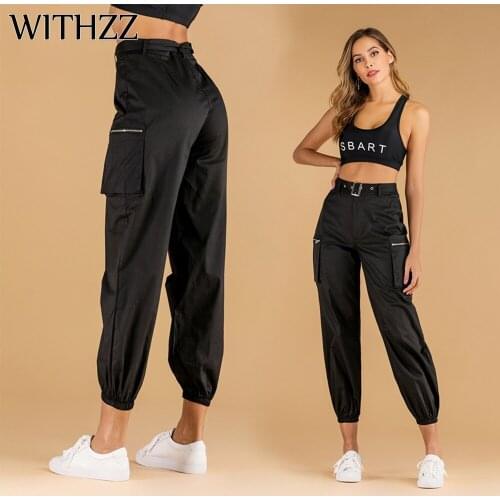 WITHZZ Spring Casual Pants Zipper Side Pockets Belt Overalls Women Loose Pants