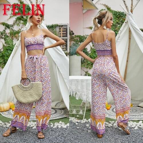 FELIN Za Fashion 2021 Summer Boho Women Sets 2 Pieces Cropped Cami Tops Women and High Waist Loose Long Pants Women Chic Suits
