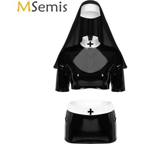 Women Sex Nun Cosplay Latex Uniform Wetlook Leather Crop Top+Mini Skirt Headpiece Erotic Nurse Outfit Halloween Roleplay Costume