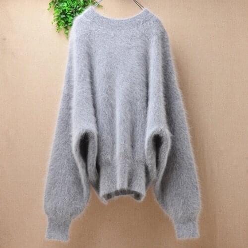 Ladies women fashion grey hairy plush mink cashmere knitwear inside long batwing sleeves loose lazy oaf pullover jumper sweater