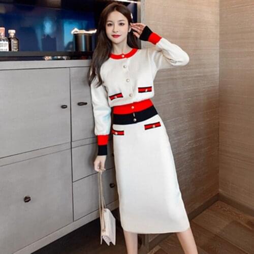 2020 Korean Knitted Skirt Sets Outfits Women Splicing O-neck Tops + Buttons Splitting Pencil Skirt Suits Elegant Office 2Pcs Set