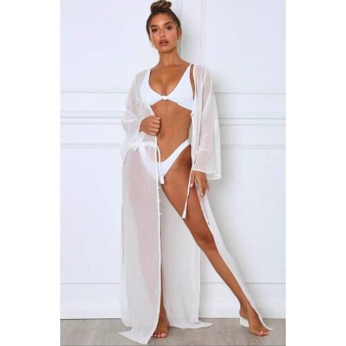 Bikini Women Beach Cover Ups Lantern Long Sleeve Swimwear Drawstring Kimono Sexy White See Through Long Cardigan Coverups Tops