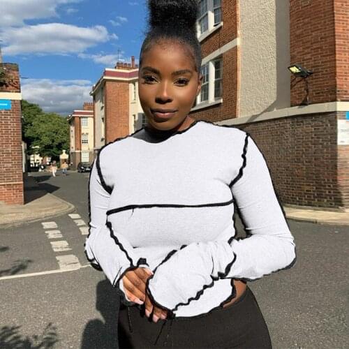 European and American Collar Long Sleeve Modern Casual Womens Wear Tear Line Dress T Shirt