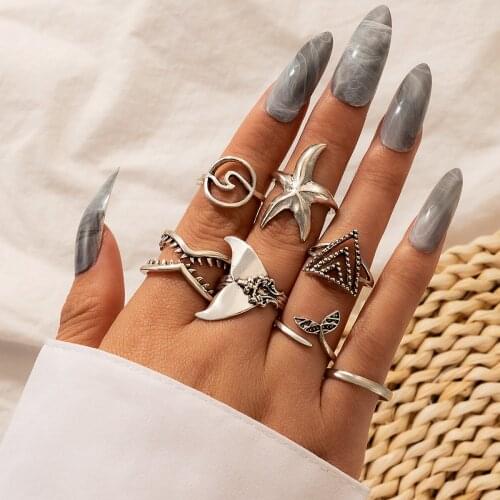 7 Pieces/set of New Personalized Geometric Simple Ring Fishtail Triangle Spray Starfish Vacation Ring Wedding Party Jewelry 2021