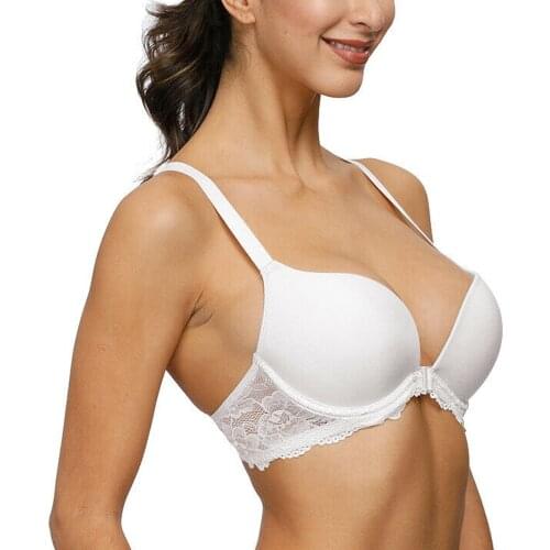 YANDW Plunge Bra Front Closure Thin Cups Push Up Strength Lace Y-line Sexy Lingerie Wire Bone Bras For Women EU US CA UK Size