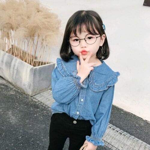 Children Denim Shirt Fashion Doll Collar Girls Lapel New Spring And Autumn Lace Collar Kids Long Sleeve Shirt 1 4 6 7 8 Years
