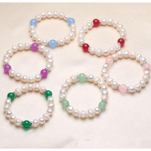 HOT CHEAP NEW 9-10MM Real Freshwater Pearl Bracelet Bangle with Agate for Women Lady Girls Female Beautiful Jewelry Party Gift