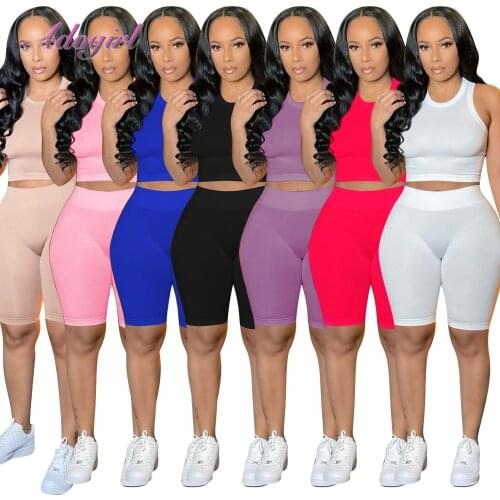 Fitness Yoga rib knit two piece set solid sleeveless vest crop tops jogger shorts suit outfit activewear matching set tracksuit