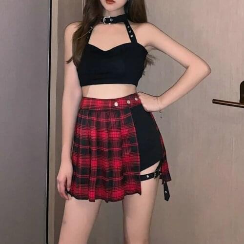 Pleated skirt short skirt womens high waist shows thin package buttocks versatile Plaid irregular skirt ins