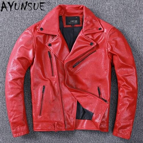 AYUNSUE Genuine Sheepskin Leather Jacket Men Clothing Autumn Coat Motorcycle Jackets Red Man Clothes Outwear Ropa Hombre LXR777