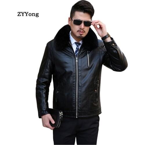 Leather Jacket Men Winter Jacket Fleece Parka Coat Overcoat Plus Velvet Warm Removable Fur Collar PU Business Casual Outwear