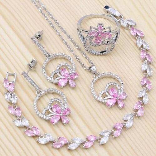 Flower Jewelry Sets For Bride Pink Cubic Zirconia White Crystal 925 Silver Ring Bracelet Necklace Pendant Earrings Sets