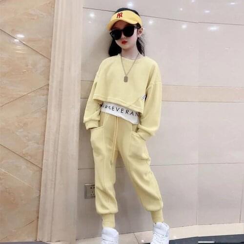2021 New Kids Clothes Suit Girls Autumn Clothing Teenagers Sports Casual Big ChildrenS Letter Sweater+ Pants 2pcs Set 4-14Y