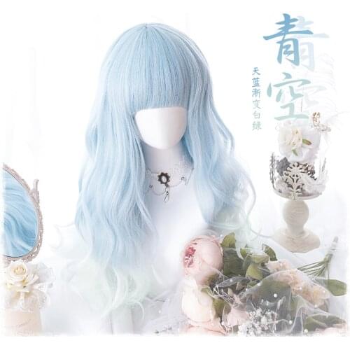 New Harajuku Kawaii Blue Ombre Green White Mixed Lolita Daily Gothic 55cm Synthetic Womens Curly Hair Wig + Wig Cap