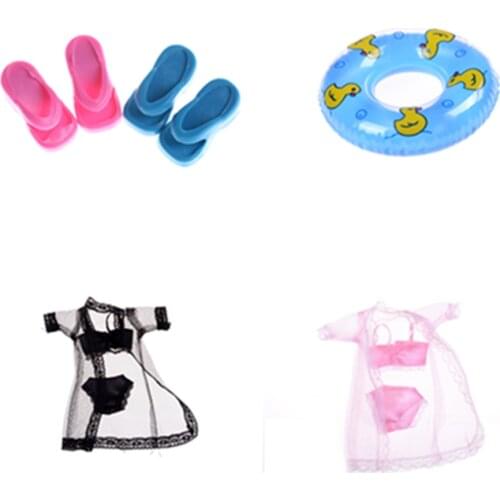 One Set Swimwear Beach Bathing Swimsuit / Slippers / Swimming Buoy Lifebelt Ring For Doll Accessories Best Girl' Gift