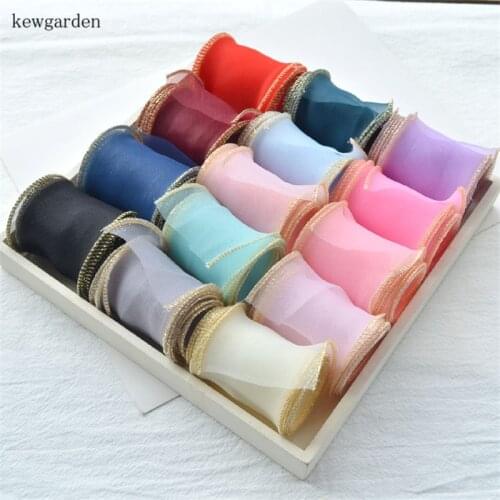 Kewgarden Wholesale Gold Edge Organza Ribbon 55mm 2" Handmade Tape DIY Bow Hair Accessories Riband Packing Webbing 35 Yards