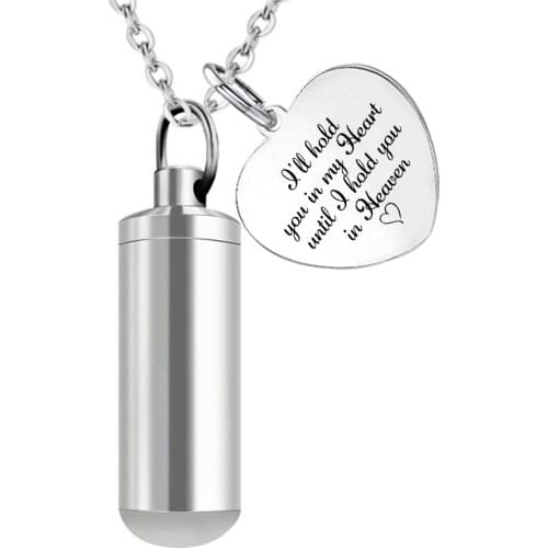 I Will Hold You in My Heart Charm & Cylinder Urn Necklace Ashes Keepsake Memorial Pendant Heaven Cremation Jewelry with Fill Kit