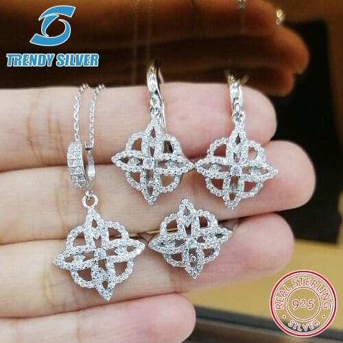 Complete pure 925 sterling silver zirconia clear CZ luxury jewelry set ring earrings for woman pendant necklace trendy design