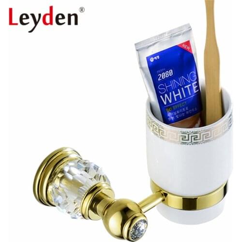 Leyden Luxury Golden Brass& Crystal Cup Tumbler Holder European Royal Wall Mounted Toothbrush Cup Holders Bathroom Accessories