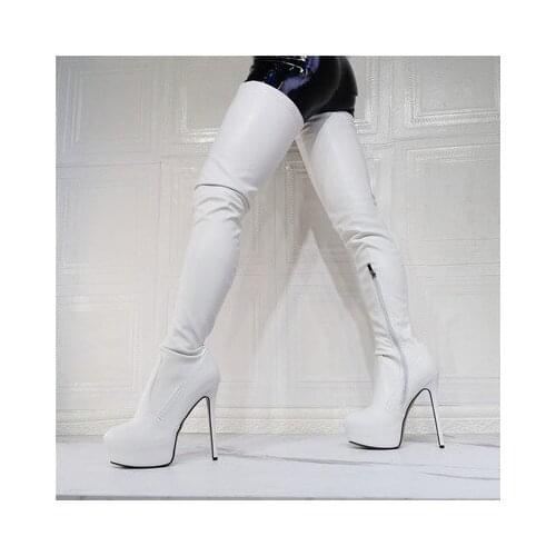 Look Super High Heel Platform Boots Women Men Stiletto Over The Knee Faux Leather Stretch Sock Boots Slim Fit Shoes For Cosplay