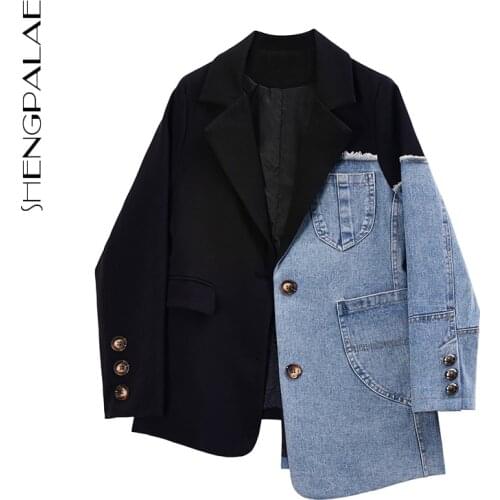 SHENGPALAE Vintage Denim Spliced Blazer Womens Autumn 2021 New Notched Loose Single Breasted Long Sleeve Suit Coat Female 5E146