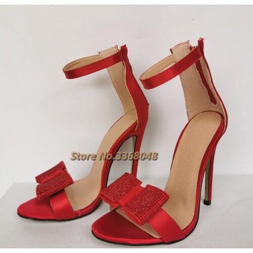 Red Crystal Women Dress Sandals Round Toe Cover Heel Back Zipper Thin High Heel Shoes Ankle Strap Ladies Dress Women Shoes
