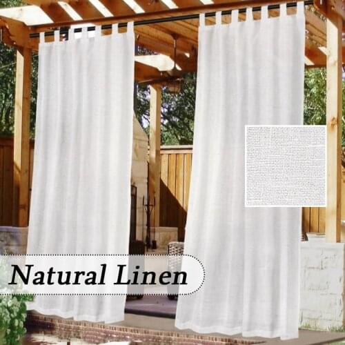 Outdoor Linen Look Drape Curtain with Rope Water Resistant Tab Top White Semi-Sheer Voile Drape for Beach Garden Gazebo