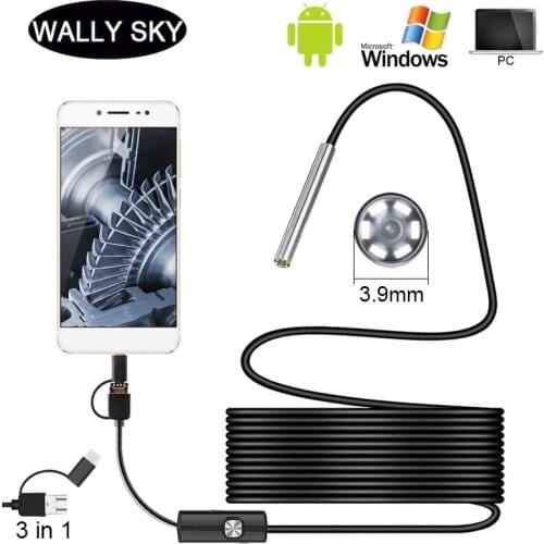 3 In 1 3.9mm Type-c Android 8LEDs USB Endoscope Inspection Mini Camera Borescope Flexible Hard Cable for Android Smartphone PC